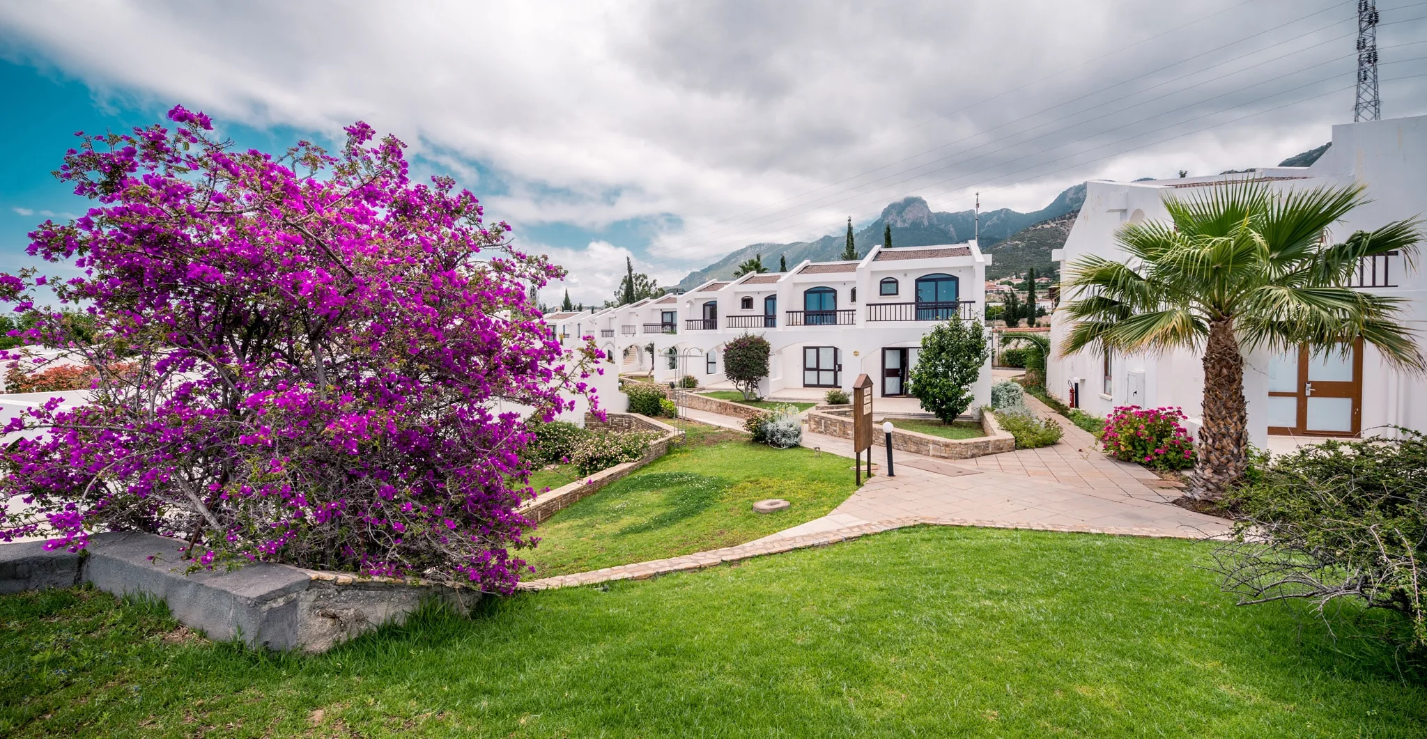 Villas set in flowering gardens below the mountains